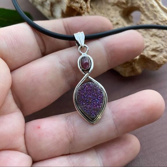Titanium Aura Druzy & Pink Tourmaline Pendant Necklace - Picture 6 of 6